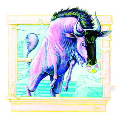 [Image of gnu leaping through a window 
	Art Print]