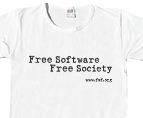 [Image of White-color
	T-shirt with Free Software, Free Society Book Logo]