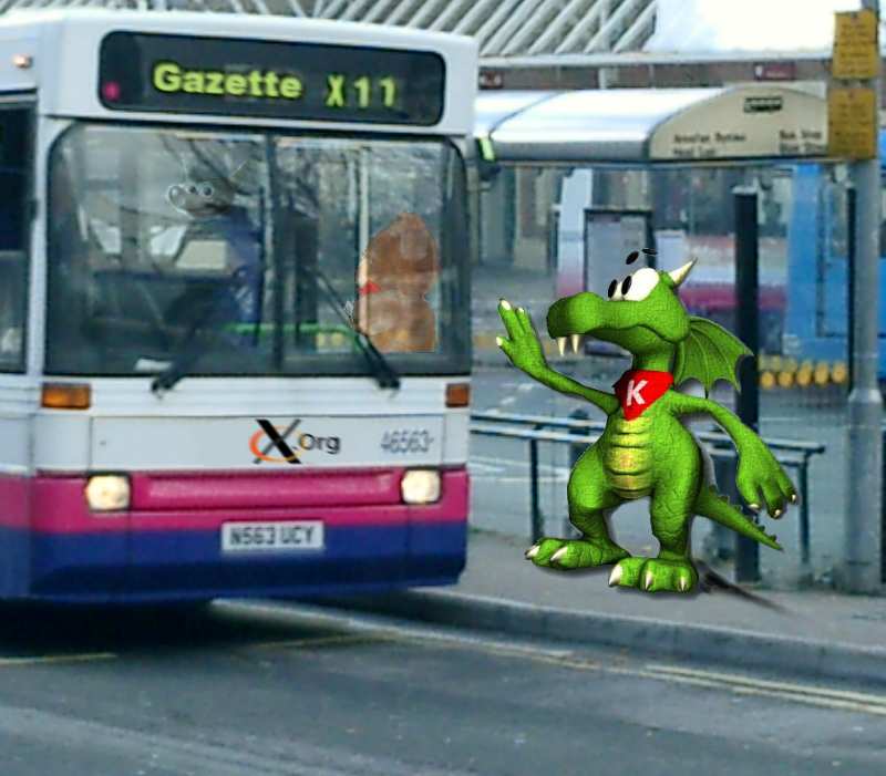 A few passengers aboard the X11 bus: Wilbur, Xteddy. Will there be room to let Konqi aboard?